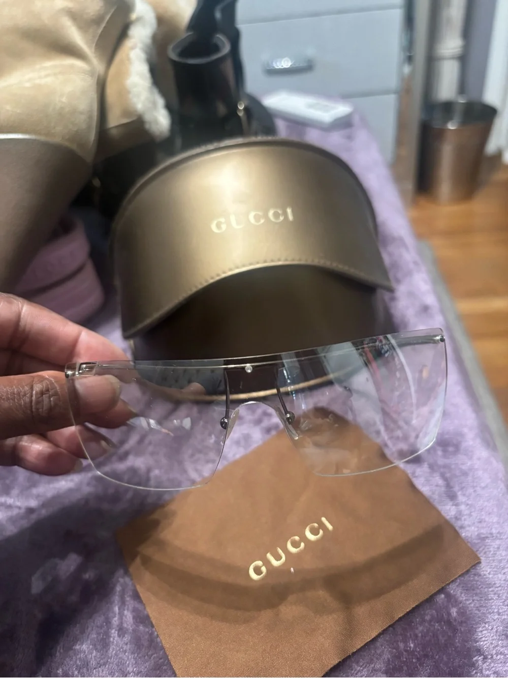 Gucci Rimless Clear Shield Sunglasses with Silver Bridge